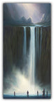 Rushing Mist bear painting by Robert Bissell features bears at the base of a massive waterfall.