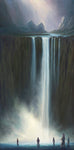 Rushing Mist bear painting by Robert Bissell features bears at the base of a massive waterfall.