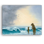 The Learner painting by Robert Bissell features a mama or papa bear with their cub in the ocean.