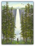 Inspiration by Robert Bissell features a bear standing tall in the forest at the foot of waterfall.