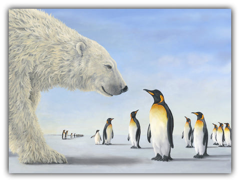 Meeting on the Ice by Robert Bissell - a polar bear having a meeting with a colony of penguins.