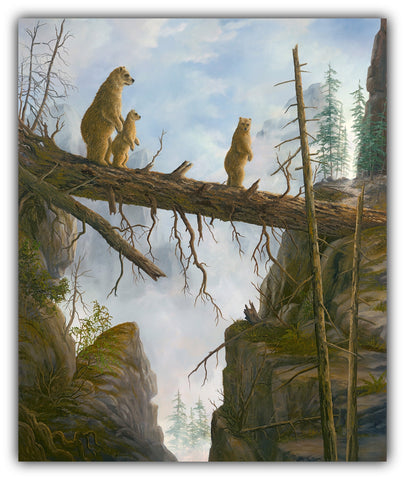 The Gate oil painting by Robert Bissell features a bear family walking across a log.