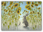 The Hidden Way oil painting by Robert Bissell features bunny rabbits surrounded by sunflowers.