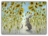 The Hidden Way oil painting by Robert Bissell features bunny rabbits surrounded by sunflowers.