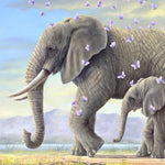 The Journey by by Robert Bissell features a mama and baby elephant on a journey across the plains.