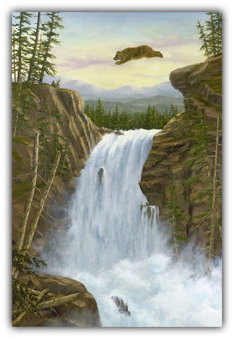 The Leap oil painting by Robert Bissell features a bear taking a leap of faith over a waterfall.