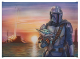 The Mandolorian by Monte Michael Moore an official Star Wars artist features Mando and Grogu.