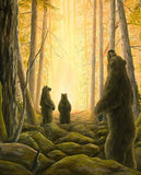 The Portal by Robert Bissell features bears in the forest with the bright light of the setting sun.