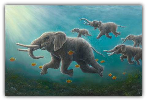 The Race Limited-Edition by Robert Bissell features elephants racing under water.