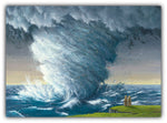 The Tempest by Robert Bissell features bears on a cliff by the ocean with a hurricane approaching.