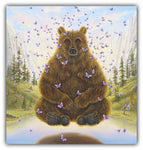 The Yogi by Robert Bissell - bear in yoga meditation floating over the water with butterflies.