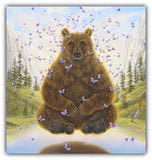 The Yogi by Robert Bissell - bear in yoga meditation floating over the water with butterflies.