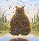 The Yogi by Robert Bissell - bear in yoga meditation floating over the water with butterflies.